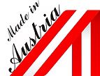 Made in Austria-Logo mit roten Streifen, symbolisiert handgefertigte Alphörner und Zubehör von Spitzenqualität.