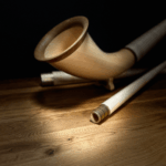 Hochwertiges hölzernes Alphorn mit präzise gearbeiteten Mundstücken, präsentiert auf einem eleganten Holzuntergrund.