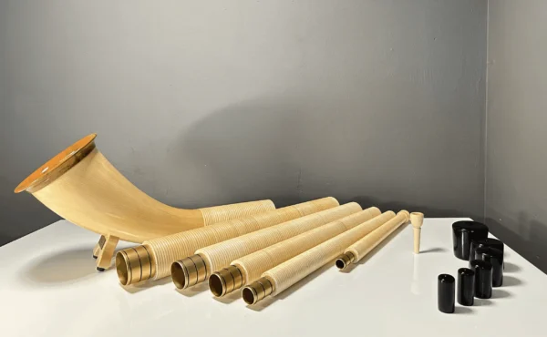 Set aus hochwertigen Alphorn-Segmenten und Mundstücken auf einem Tisch, präsentiert von NATURINSTRUMENTE Heimatklang.