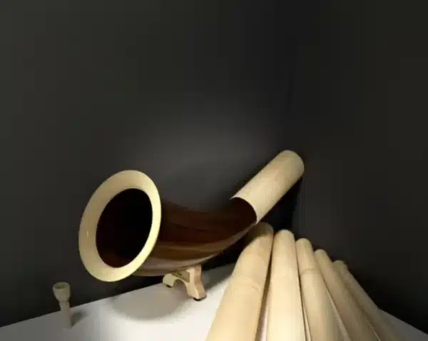Alphorn mit hochwertigen Holzmundstücken auf Ausstellungsfläche, präsentiert von NATURINSTRUMENTE Heimatklang.