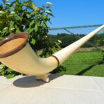 Edles Alphorn aus Holz mit detailreichem Mundstück, präsentiert im sonnigen Garten, ideal für NATURINSTRUMENTE Heimatklang.