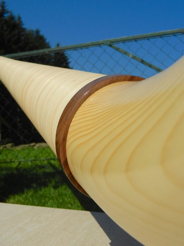 Detailaufnahme eines Alphorns aus hellem Holz mit einem dekorativen Holzring bei sonnigem Wetter. Perfekt für NATURINSTRUMENTE.