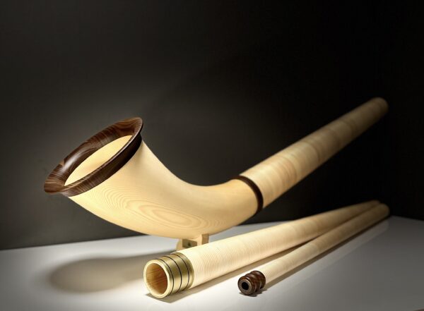 Alphorn mit stilvollem Holzmundstück präsentiert sich auf heller Oberfläche vor dunkelgrauem Hintergrund.