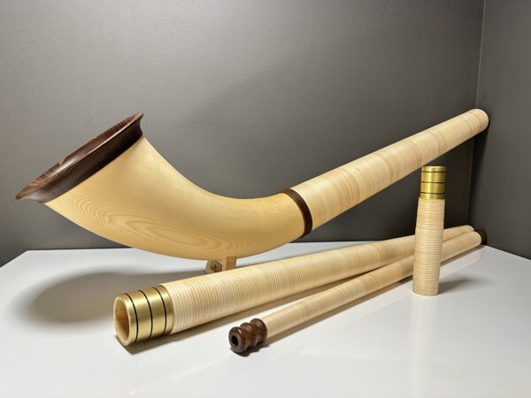 Alphorn aus hellem Holz mit mehreren abnehmbaren Sektionen und einem hochwertigen Mundstück auf weißem Hintergrund.