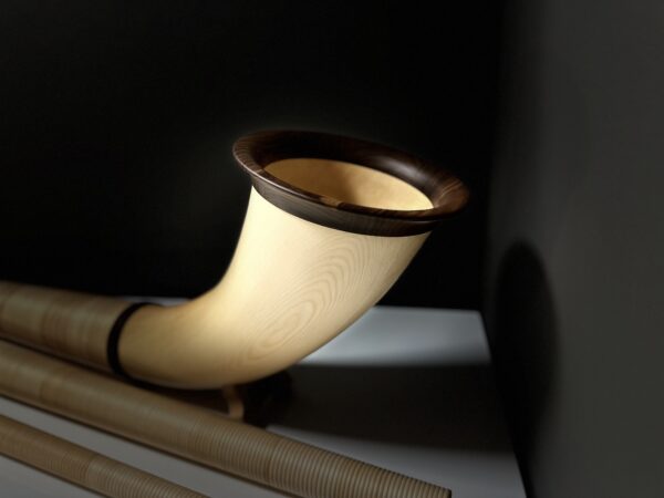 Alphorn mit elegantem Holzmundstück in Nahaufnahme, präsentiert in stilvoller, minimalistischer Umgebung.